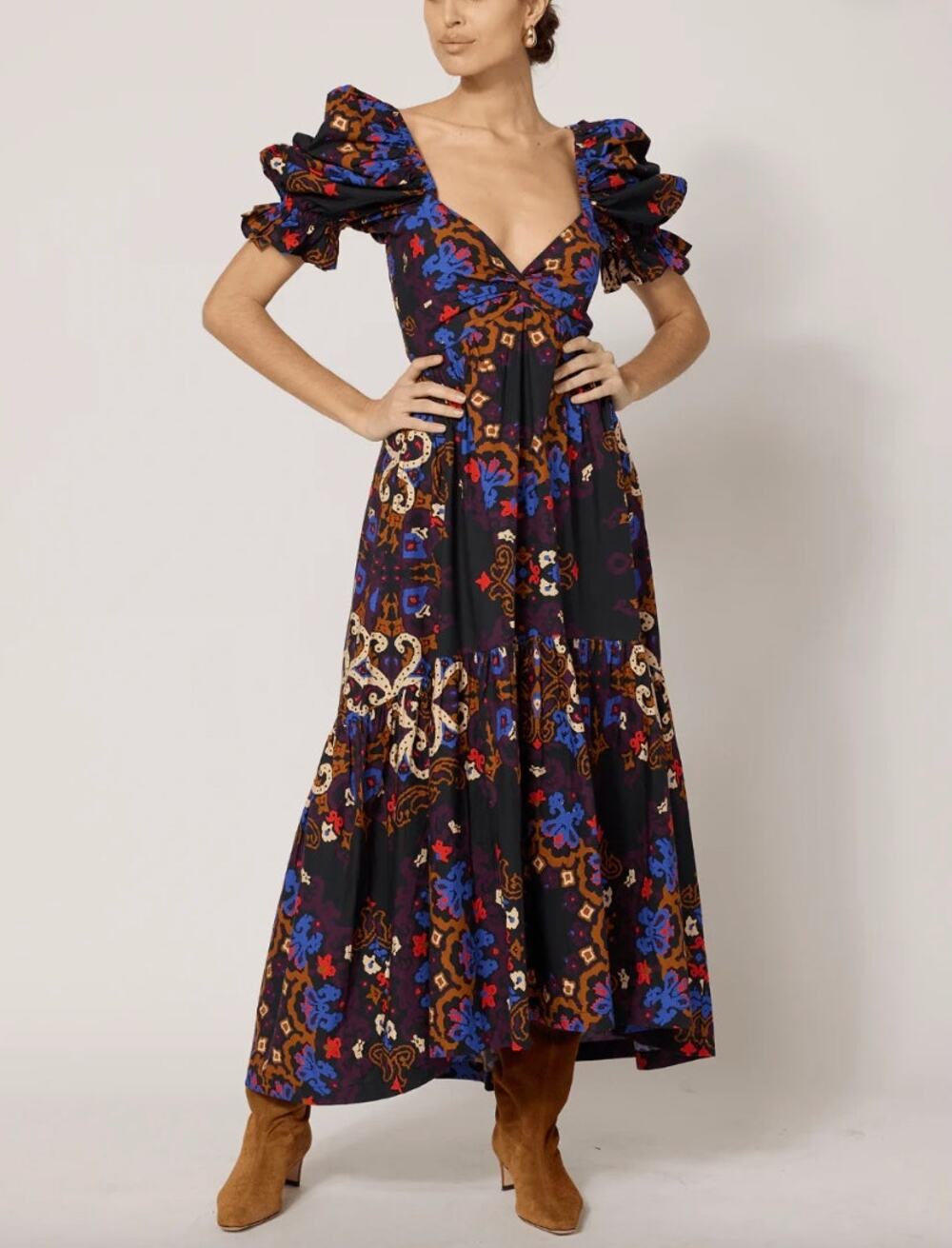 Cleobella Jewel Ankle Dress Venezia Print Size Small NWT Short Puff Sleeves